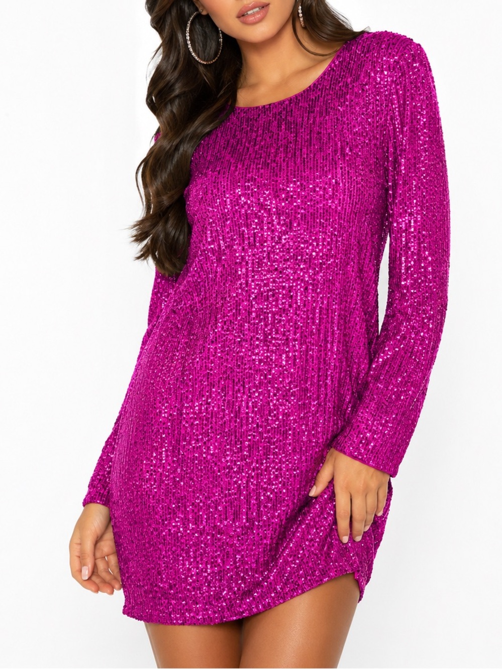 Eliza J Sparkly Fuchsia-Pink Sequined Long Sleeve Shift Mini Dress Size 10